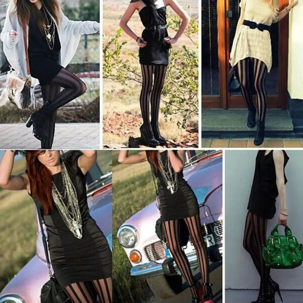 Gothic Punk Vertical Stripe Black Tights Pantyhose – Women Gothic Stripe Tights PLUSH