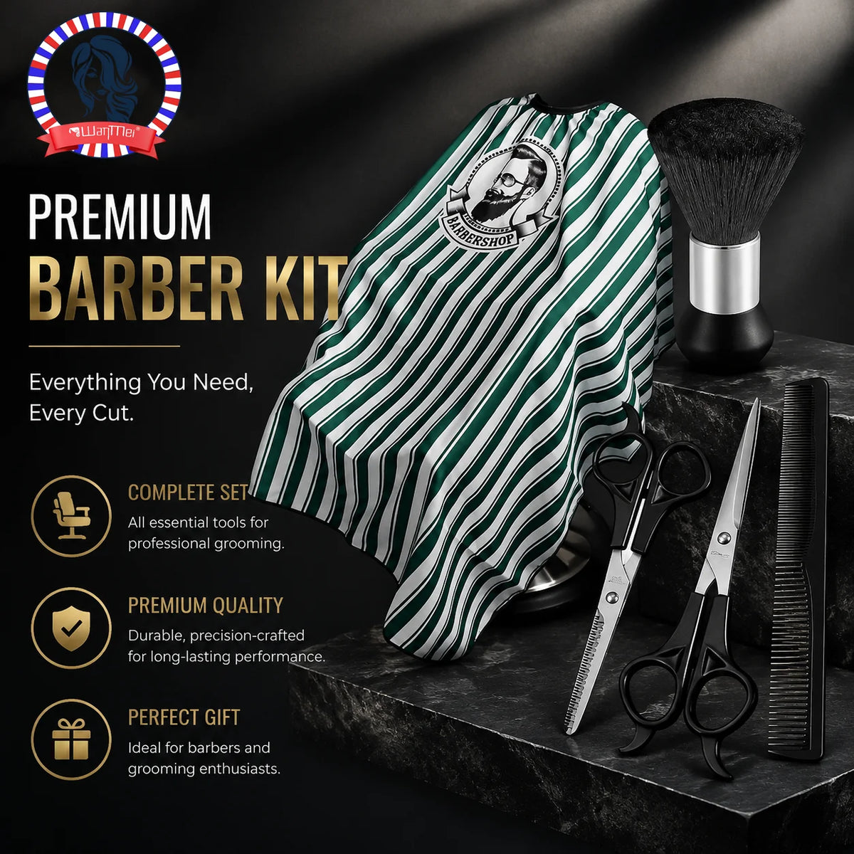 Professional Barber Combo Set – Cape, Scissors, Comb & Brush Barber Tool Set PLUSH