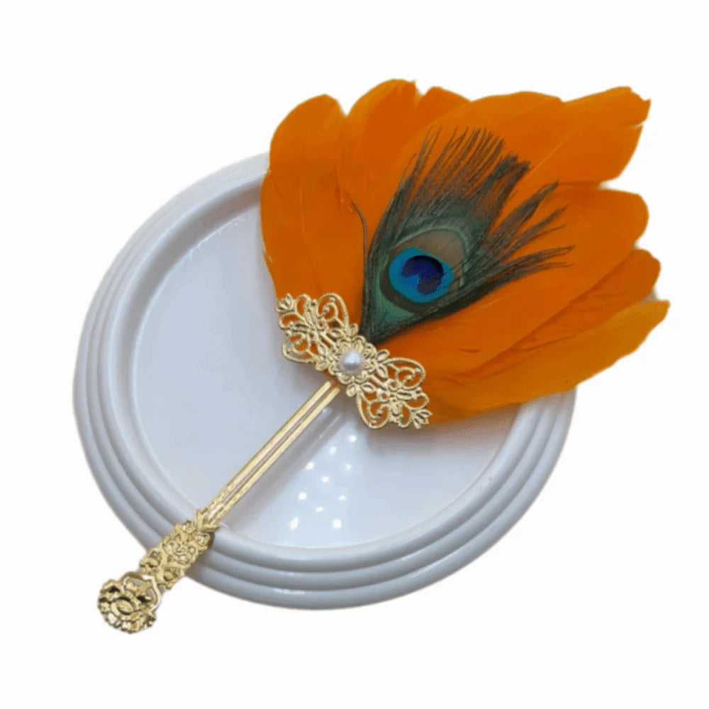 Peacock Feather Hand Fan – Vintage Dance & Photo Prop Decorative Hand Fan PLUSH Orange