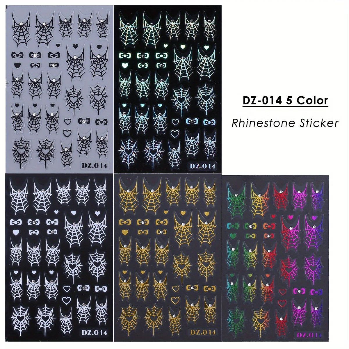 Halloween Spider Web Nail Decals – 5pcs Rhinestone Stickers Nail Art Stickers PLUSH DZ-014 5 Color