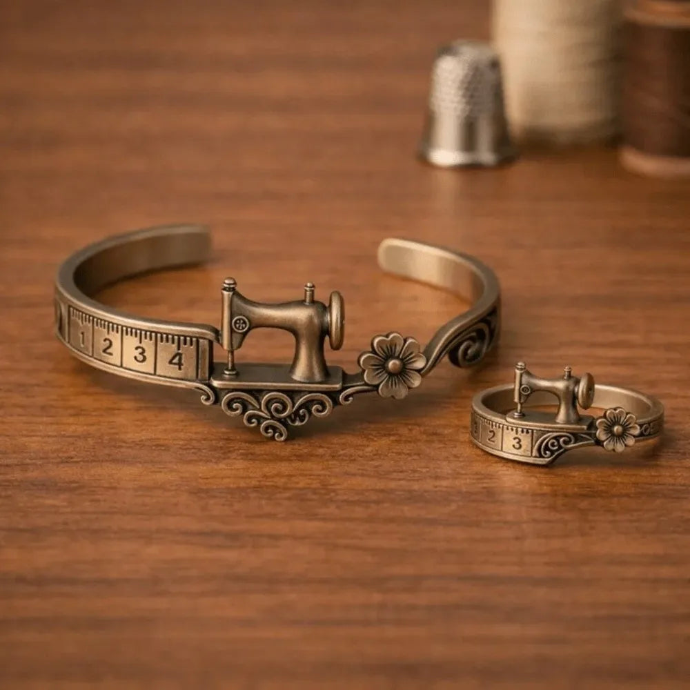 Sewing Machine Cuff Bracelet & Ring – Vintage Bronze Alloy Fashion Cuff Bracelet PLUSH