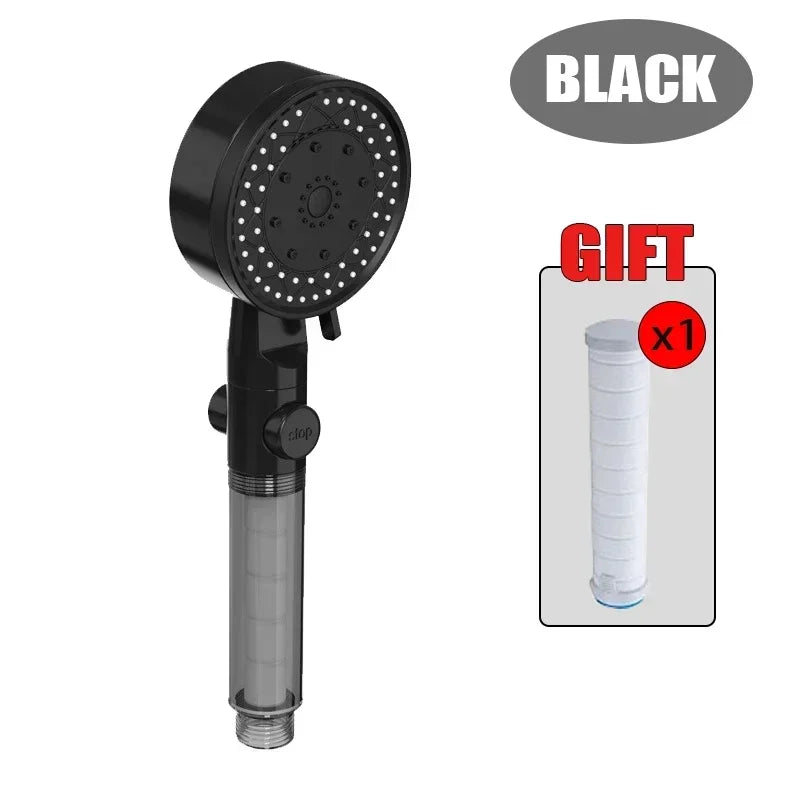 10-Mode Filtered Handheld Shower Head | One-Touch Stop Handheld Shower Head PLUSH Black with 1filter 8.85 in