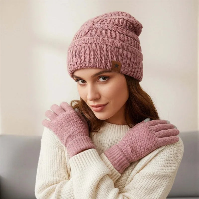 Women's Fleece Lined Knit Beanie Hat & Mittens Set Winter Accessory Set PLUSH