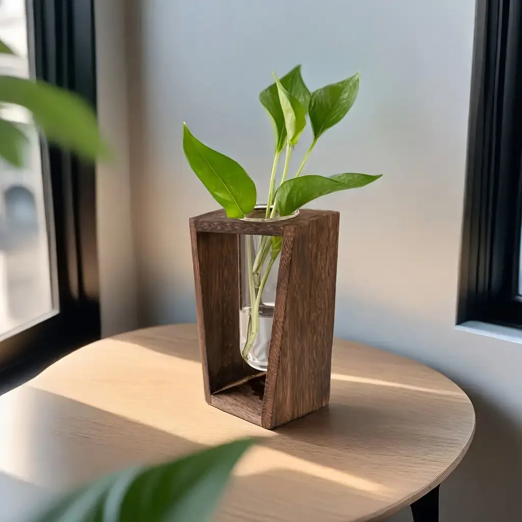 Modern Wood & Glass Propagation Vase – Minimalist Hydroponic Planter Propagation Vase PLUSH