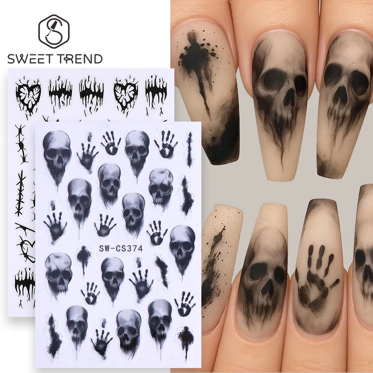 3D Halloween Nail Decals – Skull & Gothic Vine Stickers 2pcs Nail Art Decals PLUSH
