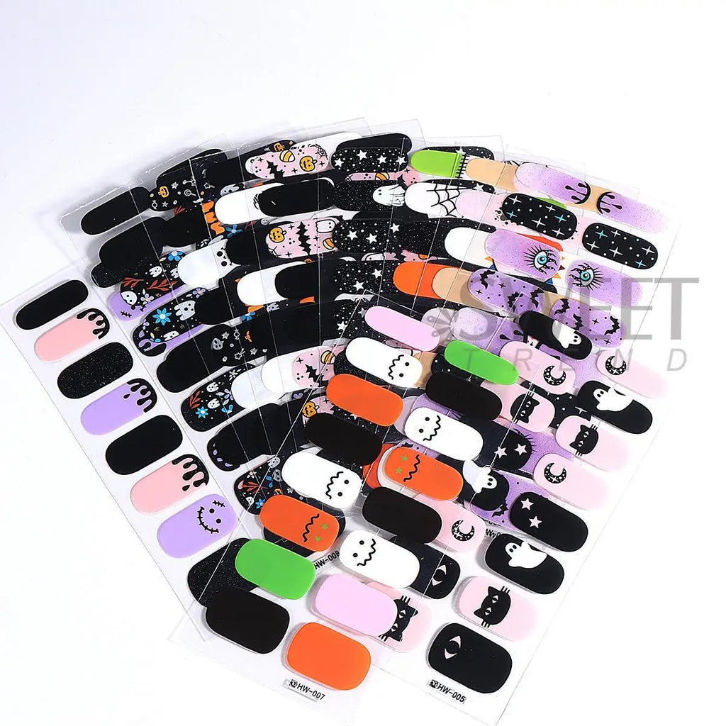 Halloween Gel Nail Strips | Black Cat Ghost Pumpkin Bat – 6pc Gel Nail Strips PLUSH