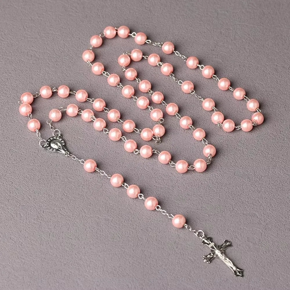 Vintage Cross Pendant Necklace | Faux Pearl Glass Bead Rosary Pendant Necklace PLUSH