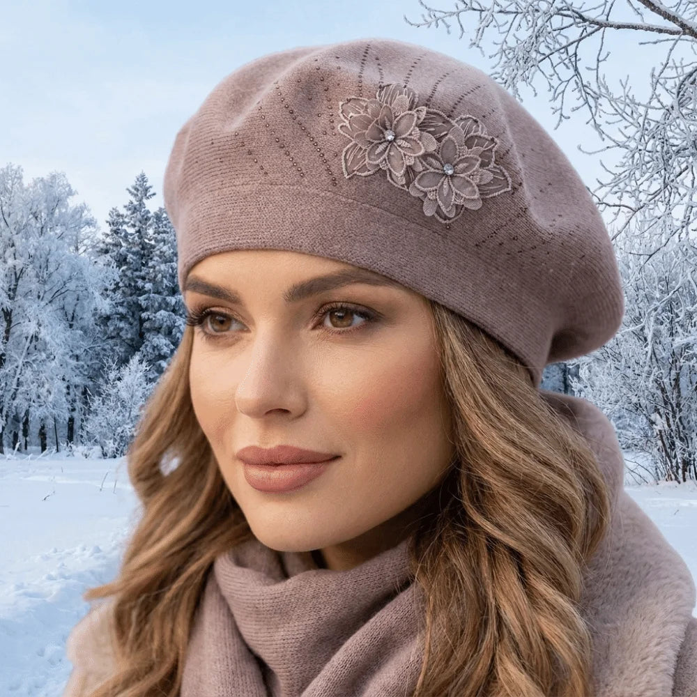 Women's French Beret Hat – Rhinestone Flower Cotton Cap Women's Beret Hat PLUSH