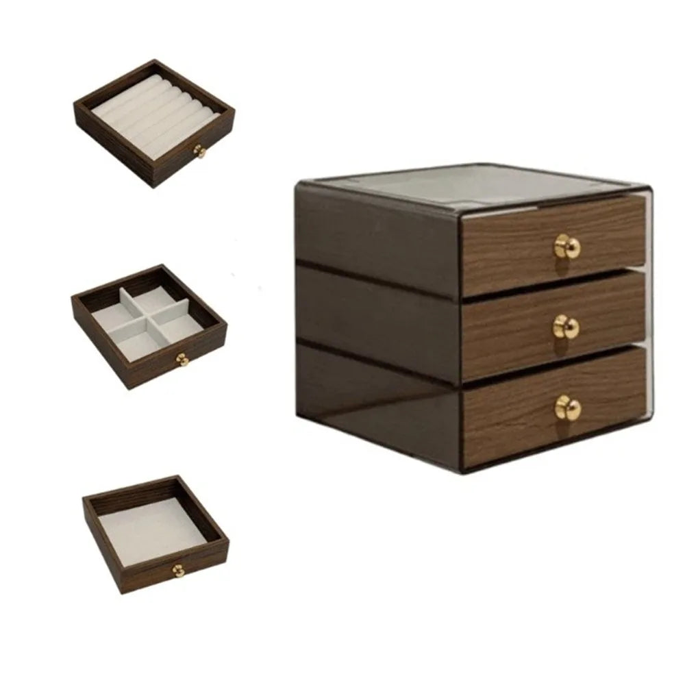 Walnut Grain Jewelry Box – 3 or 5 Drawer Dust-Proof Storage Jewelry Storage Box PLUSH A 3Layer