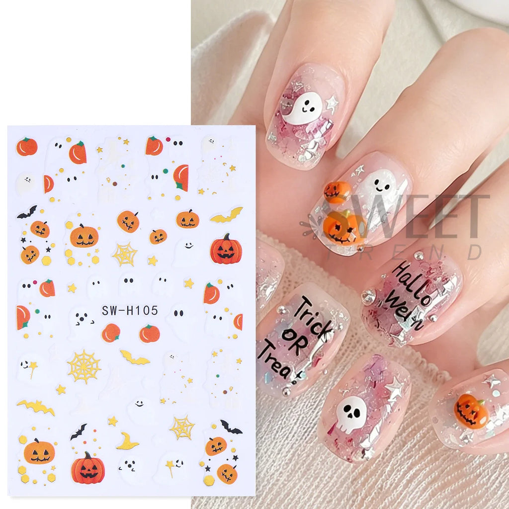 3pcs Halloween Nail Stickers – Pumpkin, Bat & Spider Web Decals Nail Art Stickers PLUSH