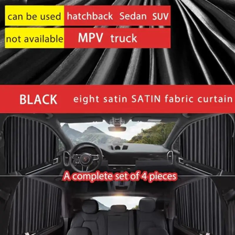 Retractable Car Sunshade Curtains 4pc – Universal UV & Heat Block Car Sunshade Curtain PLUSH Black