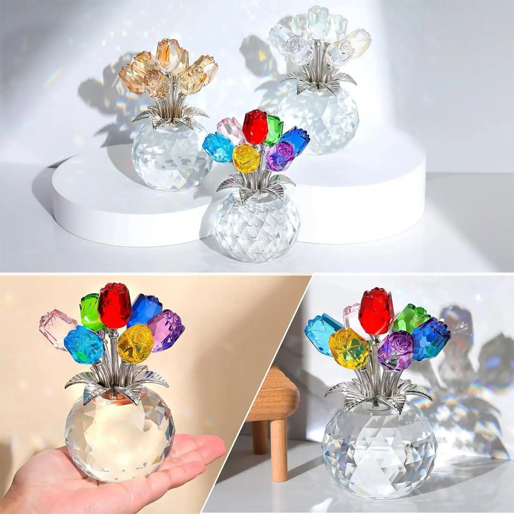Crystal Rose Bouquet Figurine | Colorful Eternal Rose Decor Crystal Rose Figurine PLUSH