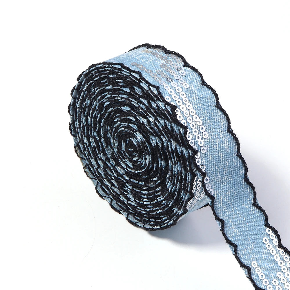 Scalloped Denim Ribbon Star Sequin Wave Trim – DIY Crafts Craft Ribbon Trim PLUSH 25mm 02 x 5yards mm