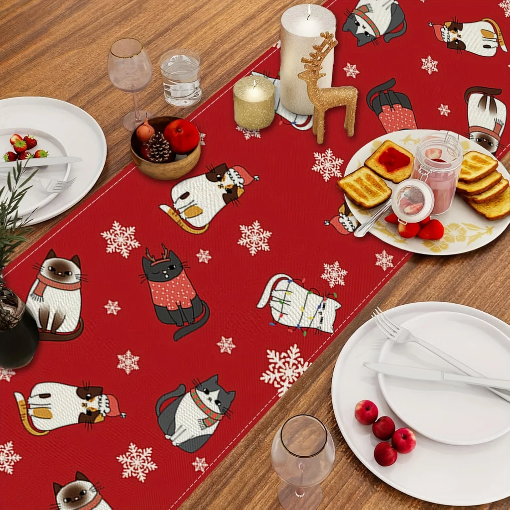Meowy Christmas Cat Table Runner – Holiday Festive Décor Holiday Table Runner PLUSH