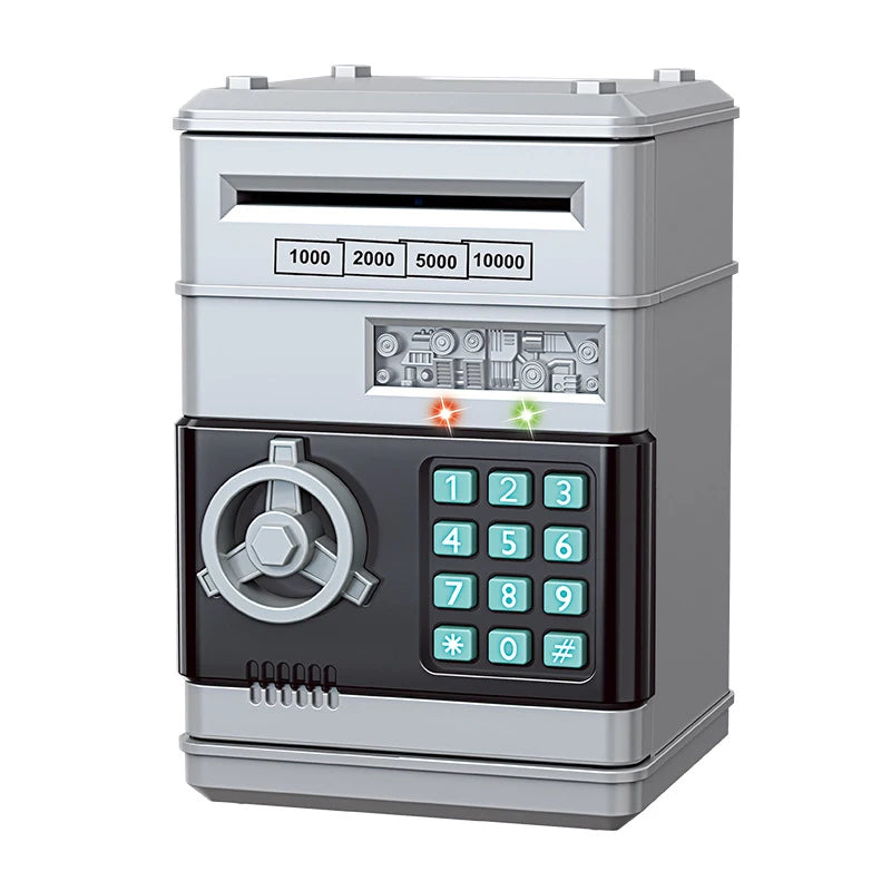Kids ATM Piggy Bank – Password Lock Automatic Coin Money Safe Kids Coin Bank PLUSH Gray