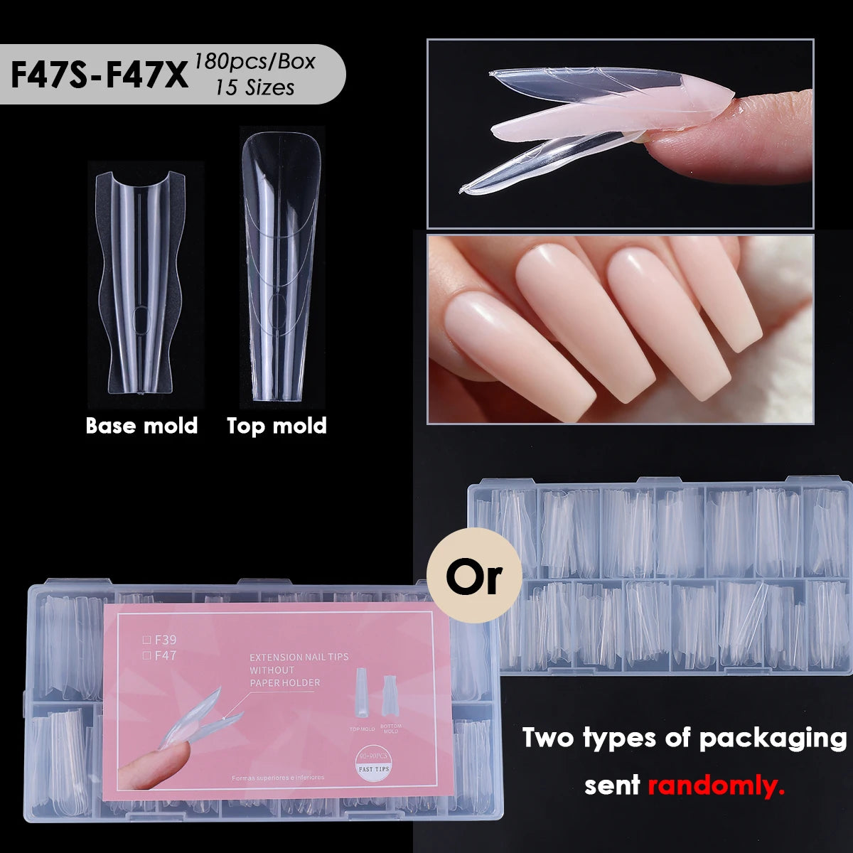 180pcs Sandwich Dual Nail Extension Molds – Oval & Coffin 15 Sizes Nail Extension Molds PLUSH F47S-F47X