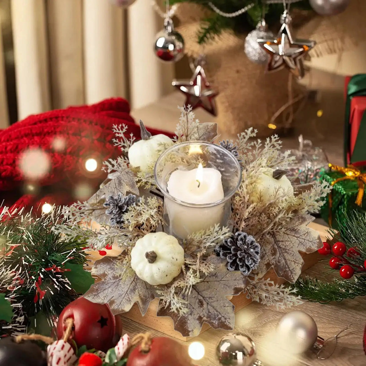 Fall Candle Ring Wreath – Maple Leaves & Pine Cones Décor Candle Ring Wreath PLUSH