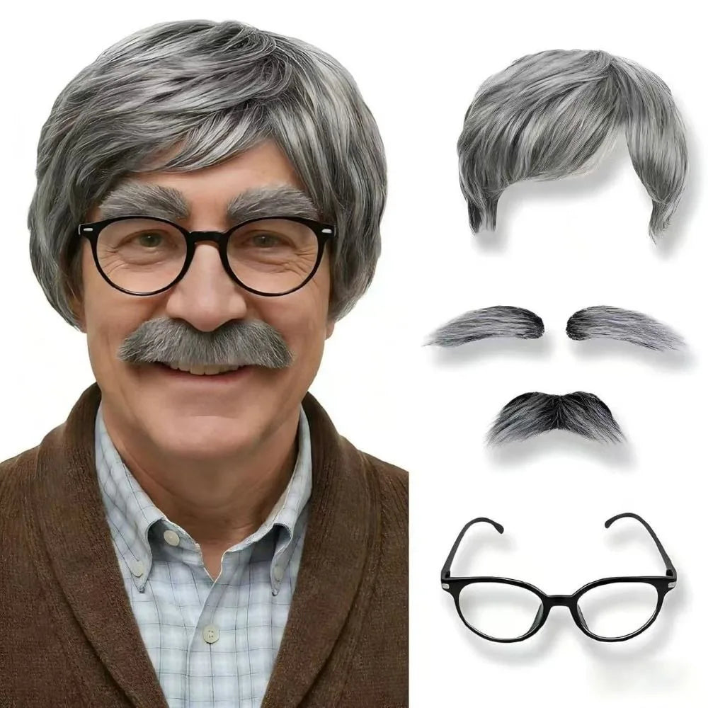 Grandpa Costume Set – Wig, Hat, Glasses & Suspenders Cosplay Costume Accessory Set PLUSH