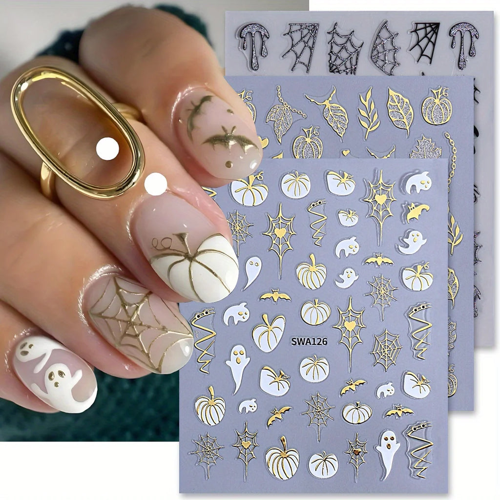 Halloween Nail Art Stickers – Pumpkin Spider Web Foil Decals 3pcs Nail Art Stickers PLUSH