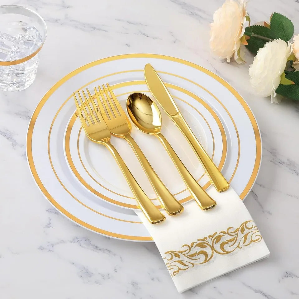 Gold Rim Disposable Dinnerware Set – Plates, Cups & Cutlery Disposable Dinnerware Set PLUSH