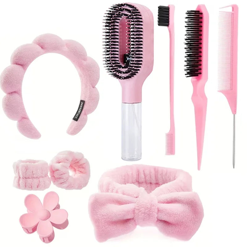 9-Piece Spray Comb Hair Styling Kit – Combs, Clips & Bands Hair Styling Kit PLUSH pink-9pcs