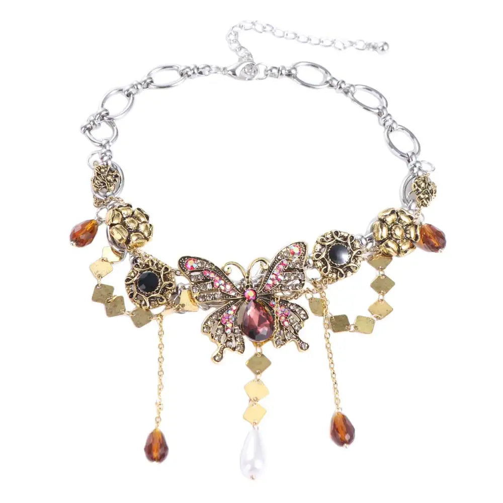 Rhinestone Butterfly Choker Necklace – Vintage Zircon & Pearl Choker Necklace PLUSH gold