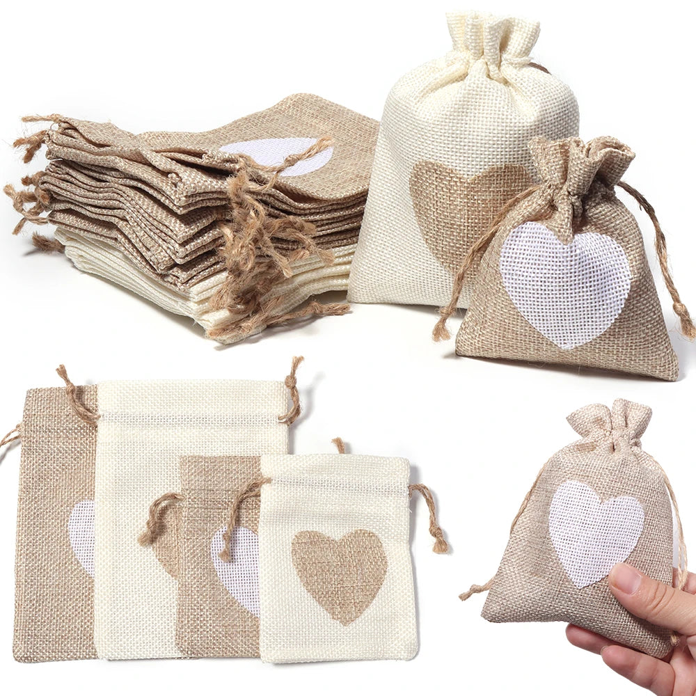 5pcs Heart Burlap Drawstring Gift Bags – Jute Wedding Pouches Burlap Gift Bags PLUSH