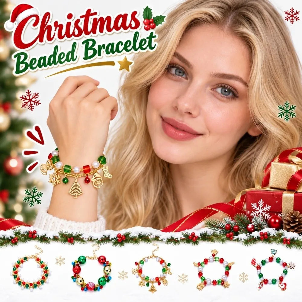 Christmas Beaded Bracelet – Red Green Faux Pearl & Crystal Bangle Beaded Bracelet PLUSH