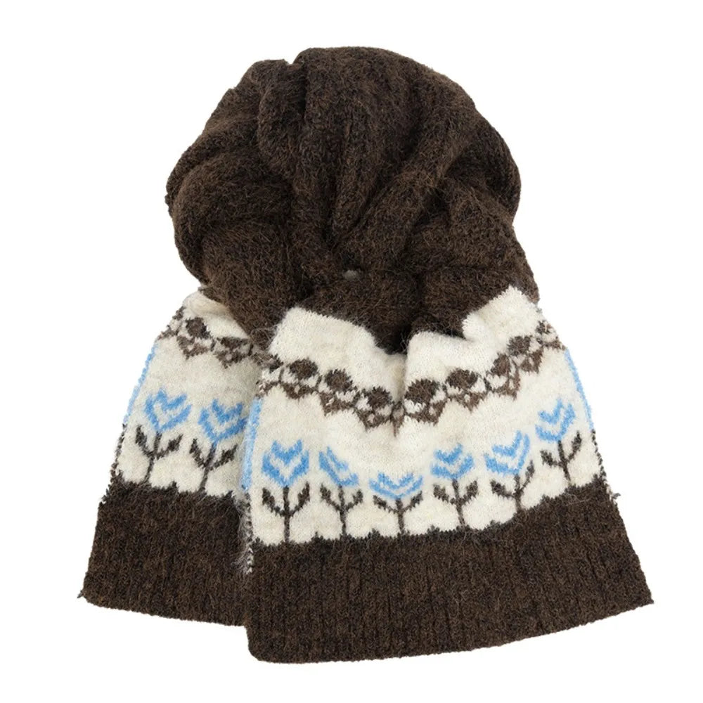 Women's Fair Isle Jacquard Knitted Scarf – Floral Winter Shawl Knitted Winter Scarf PLUSH Coffee