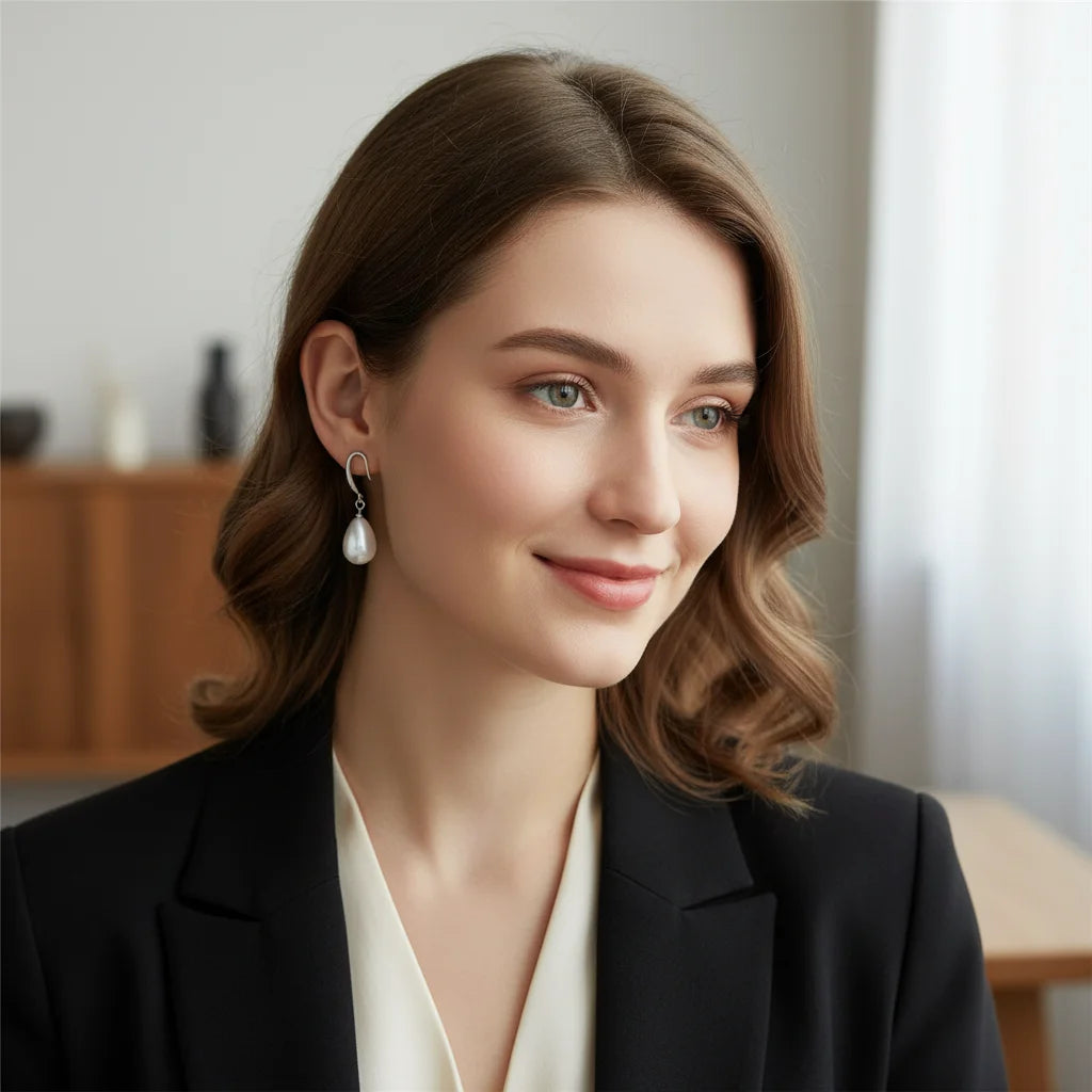 Water Drop Pearl Drop Earrings with Rhinestone Ear Hook Drop Earrings PLUSH