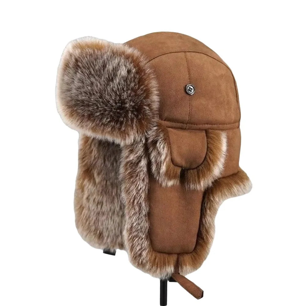 Vintage Suede Lei Feng Hat – Fleece Lined Ear Flap Winter Hat Winter Trapper Hat PLUSH Brown