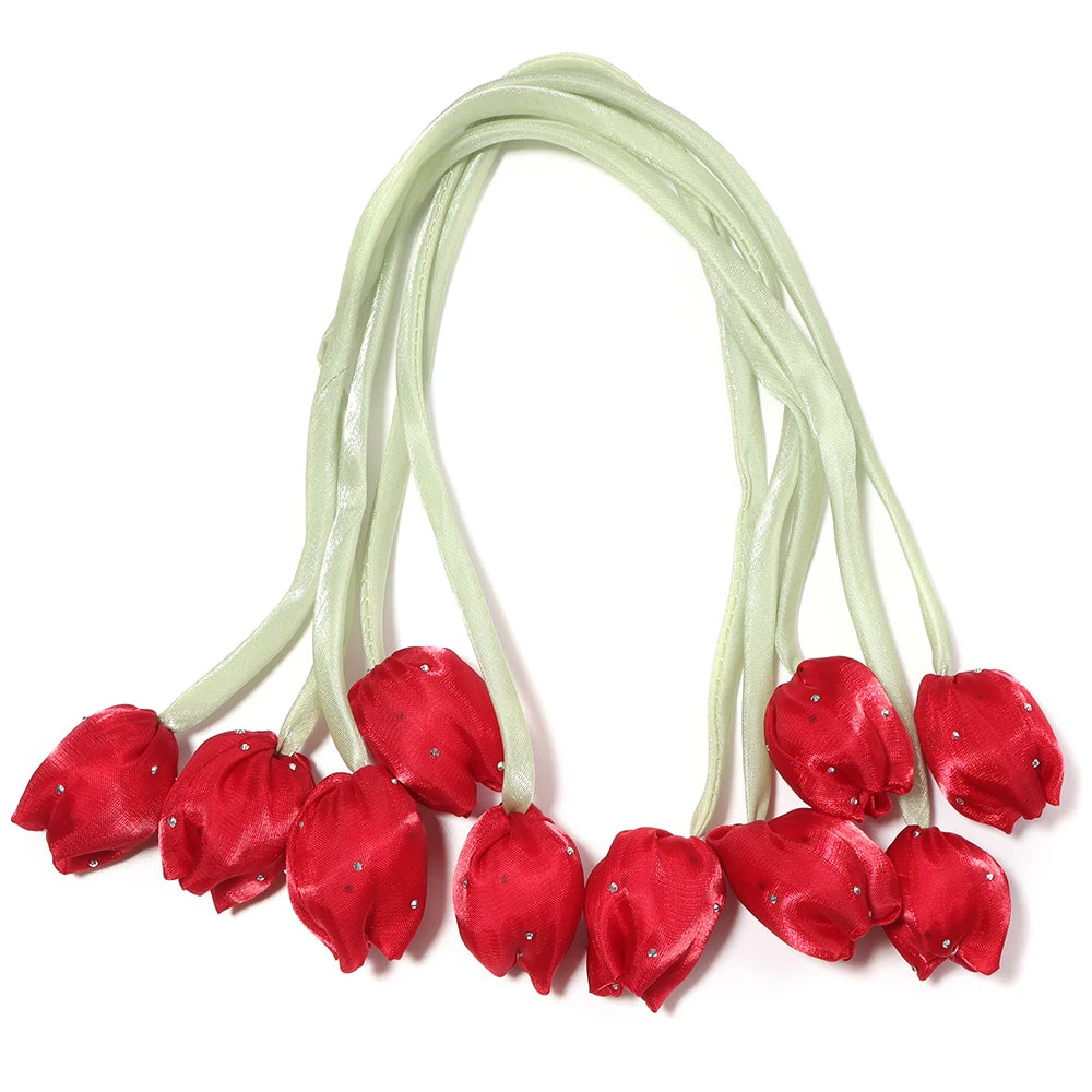 5pcs Satin Tulip Flower Strings Rhinestone DIY Hair & Garment Fabric Flower Trim PLUSH wine red