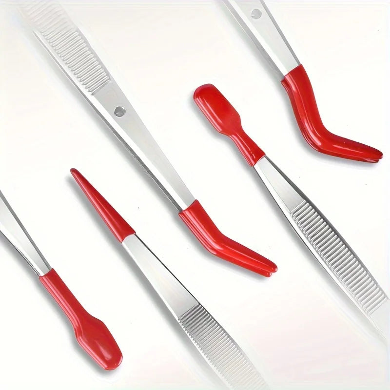 4pcs Stainless Steel Tweezers Set – Rubber Coated Flat & Curved Tips Craft Tweezers Set PLUSH