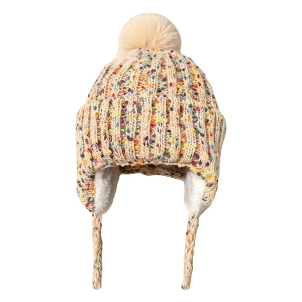 Vintage Knitted Beanie Hat | Windproof Ear Flap Women's Cap Knitted Beanie Hat PLUSH Beige