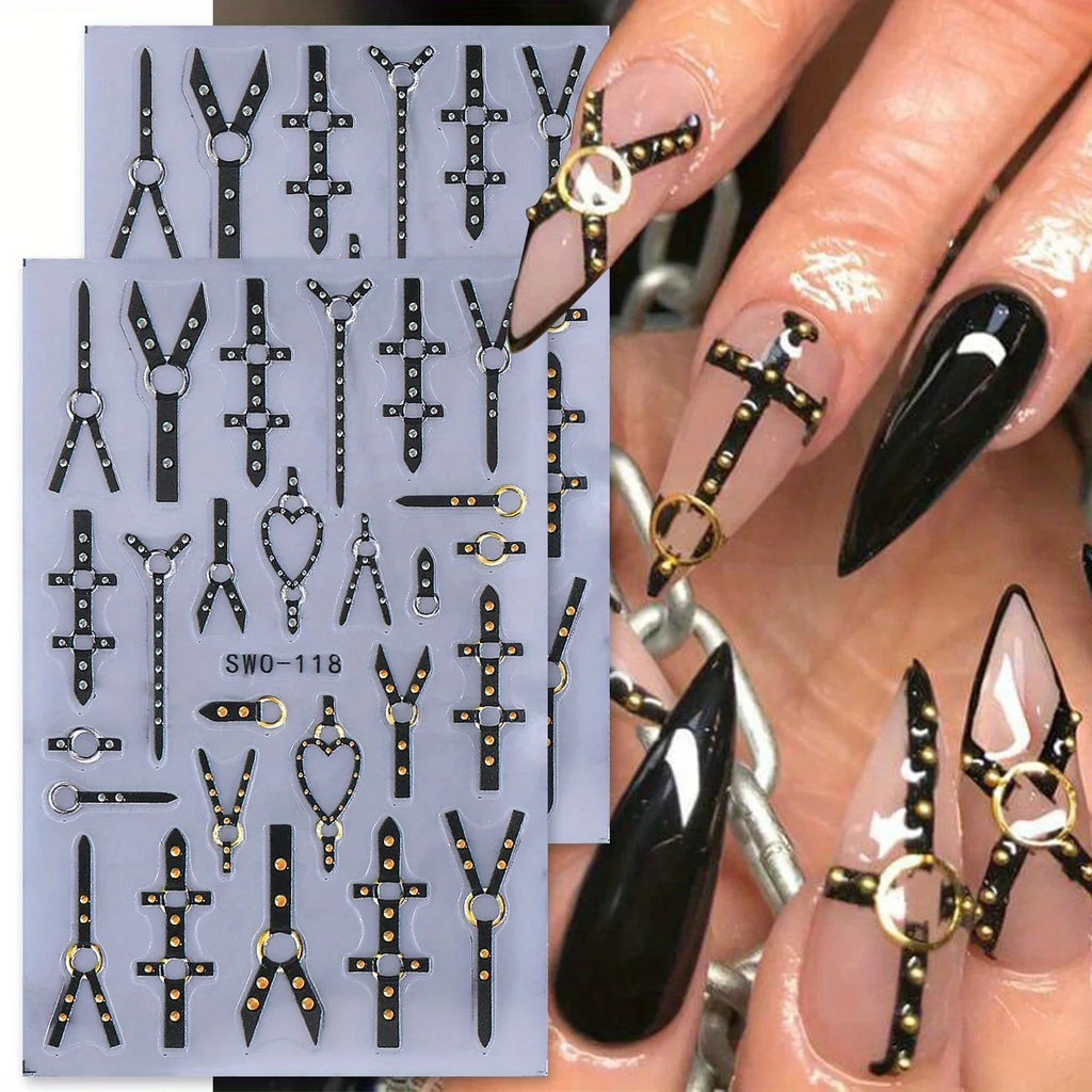 3D Matte Black Punk Belt Nail Stickers Gold Silver Decals 2pcs Nail Art Stickers PLUSH