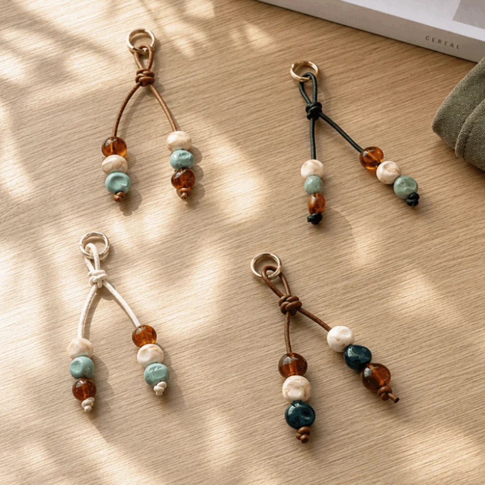 Vintage Boho Resin Beaded Keychain – Braided PU Cord Keyring Beaded Keychain PLUSH
