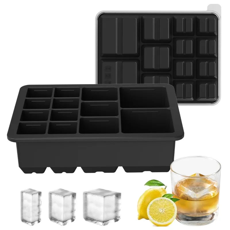 Silicone Ice Tray Mold with Lid – 3 Sizes DIY Ice Cubes Silicone Ice Tray PLUSH Black