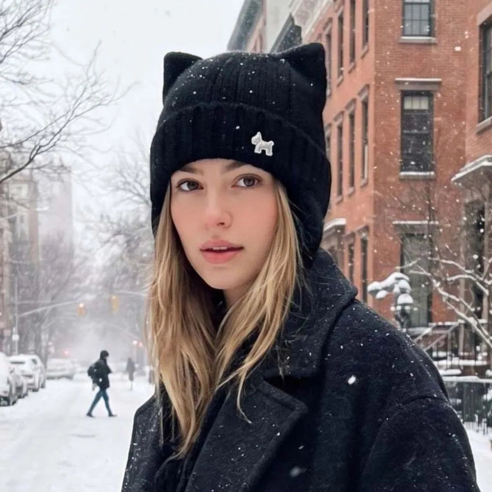 Women's Cat Ears Knit Slouchy Hat – Warm Ear Flap Cap Knit Ear Flap Hat PLUSH