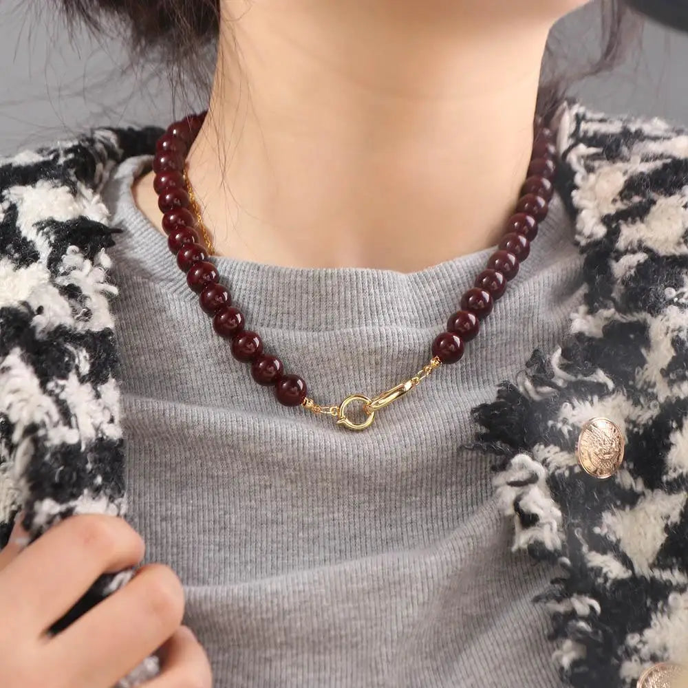Vintage Vermilion Red Beaded Choker | Imitation Crystal Necklace Beaded Choker Necklace PLUSH