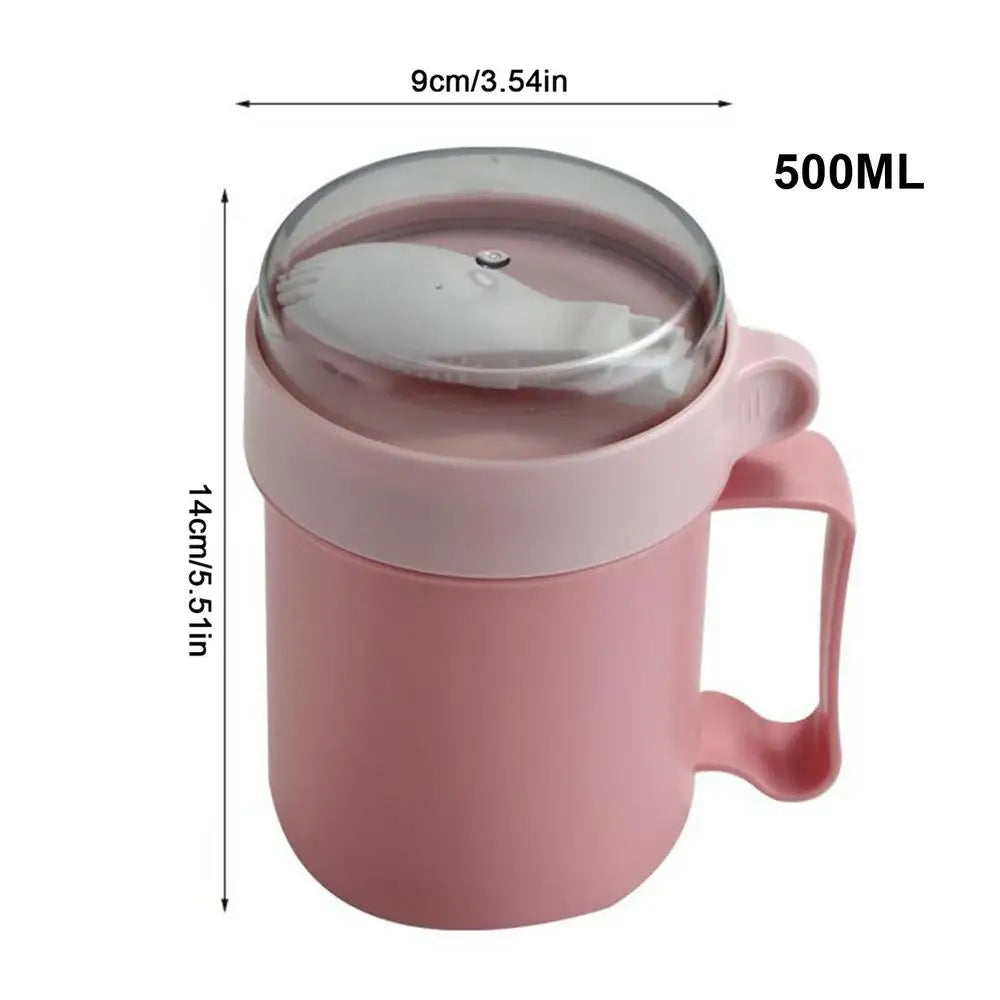 500ml Portable Breakfast Cup with Lid & Foldable Spoon Portable Food Container PLUSH Pink