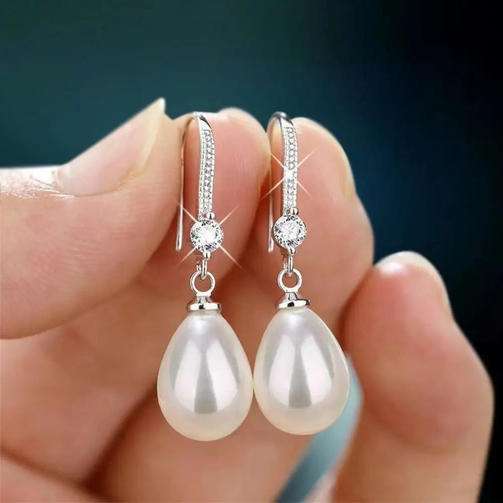 Water Drop Pearl Drop Earrings with Rhinestone Ear Hook Drop Earrings PLUSH silver-water drop