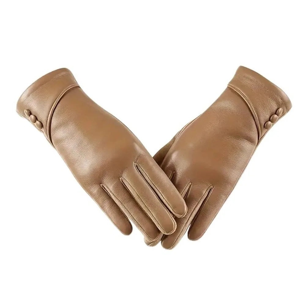 Women's PU Leather Touch Screen Gloves – Warm Cycling Mittens Leather Winter Gloves PLUSH Camel