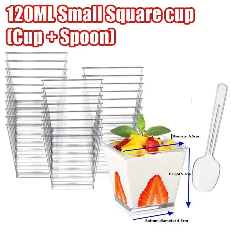 Square Plastic Dessert Cups with Spoons – Reusable Party Dessert Party Cups PLUSH 120ml 100Sets