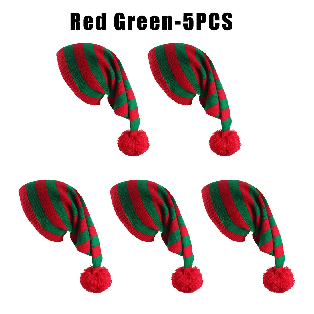 Winter Long Tail Elf Hat Christmas Knit Pom Pom Santa Hat Christmas Elf Hat PLUSH as show Red Green 5PC