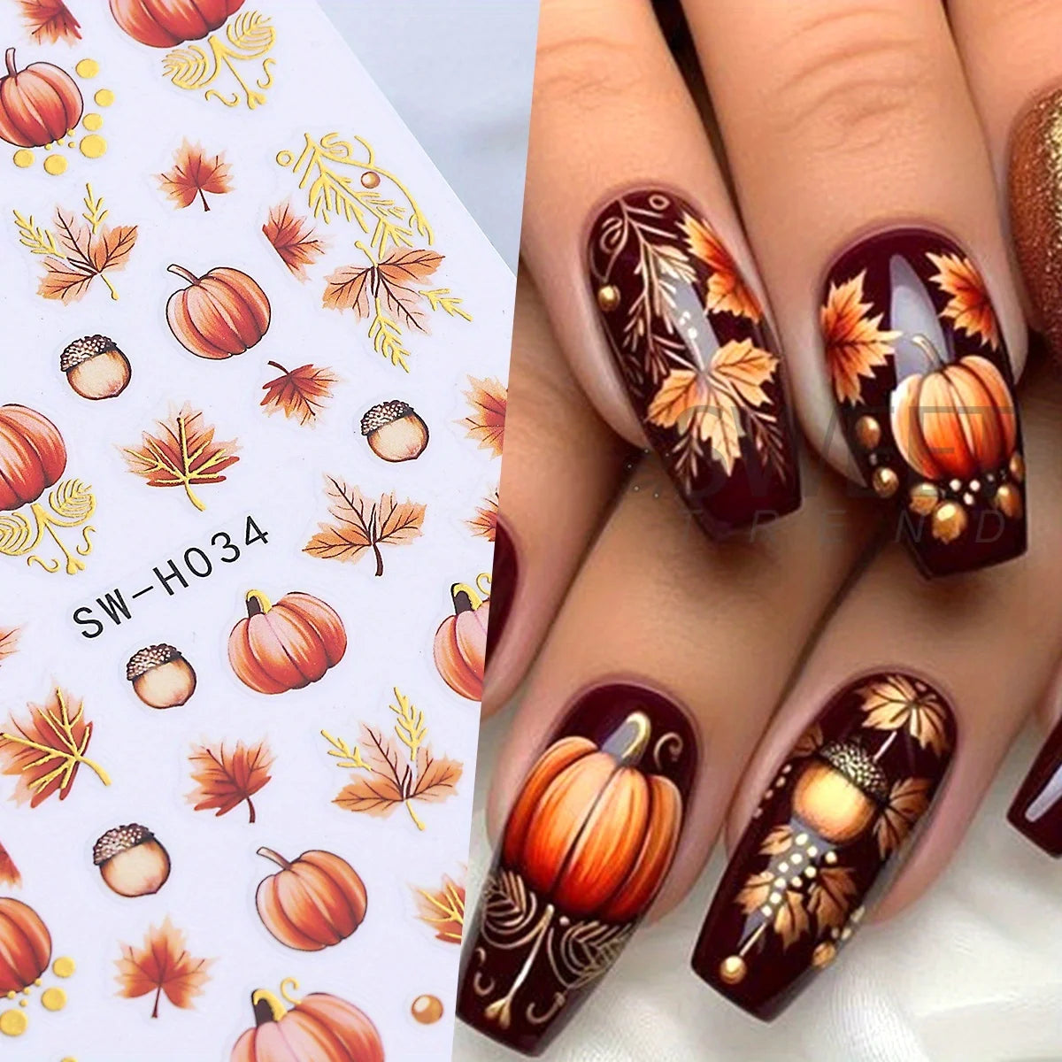 Glitter Autumn Nail Stickers – Pumpkin & Maple Leaves 2 Sheets Nail Art Stickers PLUSH