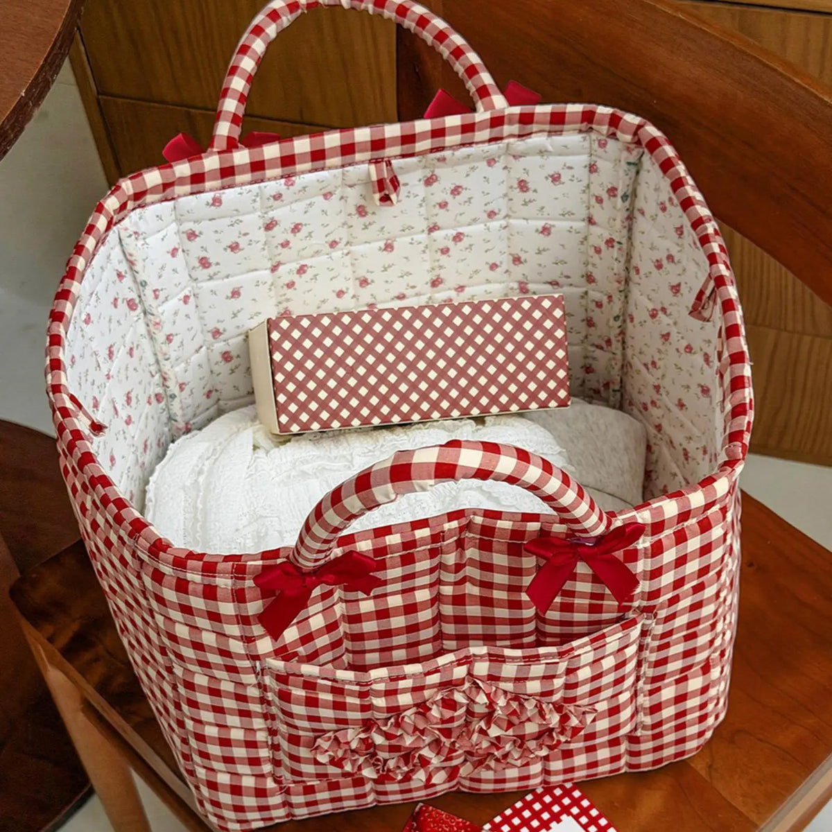 Red Plaid Quilted Fabric Storage Basket | Foldable Laundry Hamper Foldable Storage Basket PLUSH
