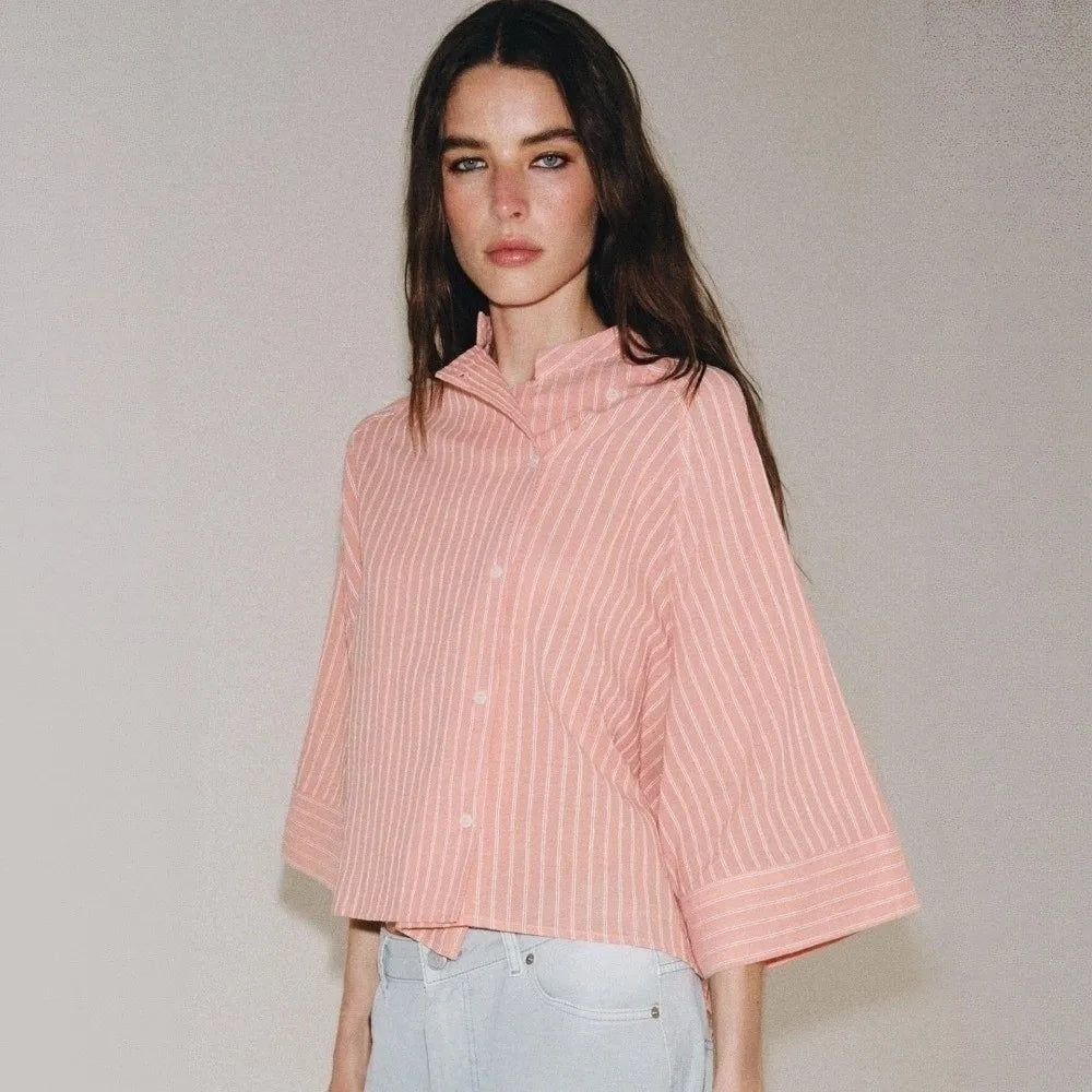 Women's Striped Loose Blouse – Asymmetric Button Top Mid Sleeve Casual Striped Blouse PLUSH