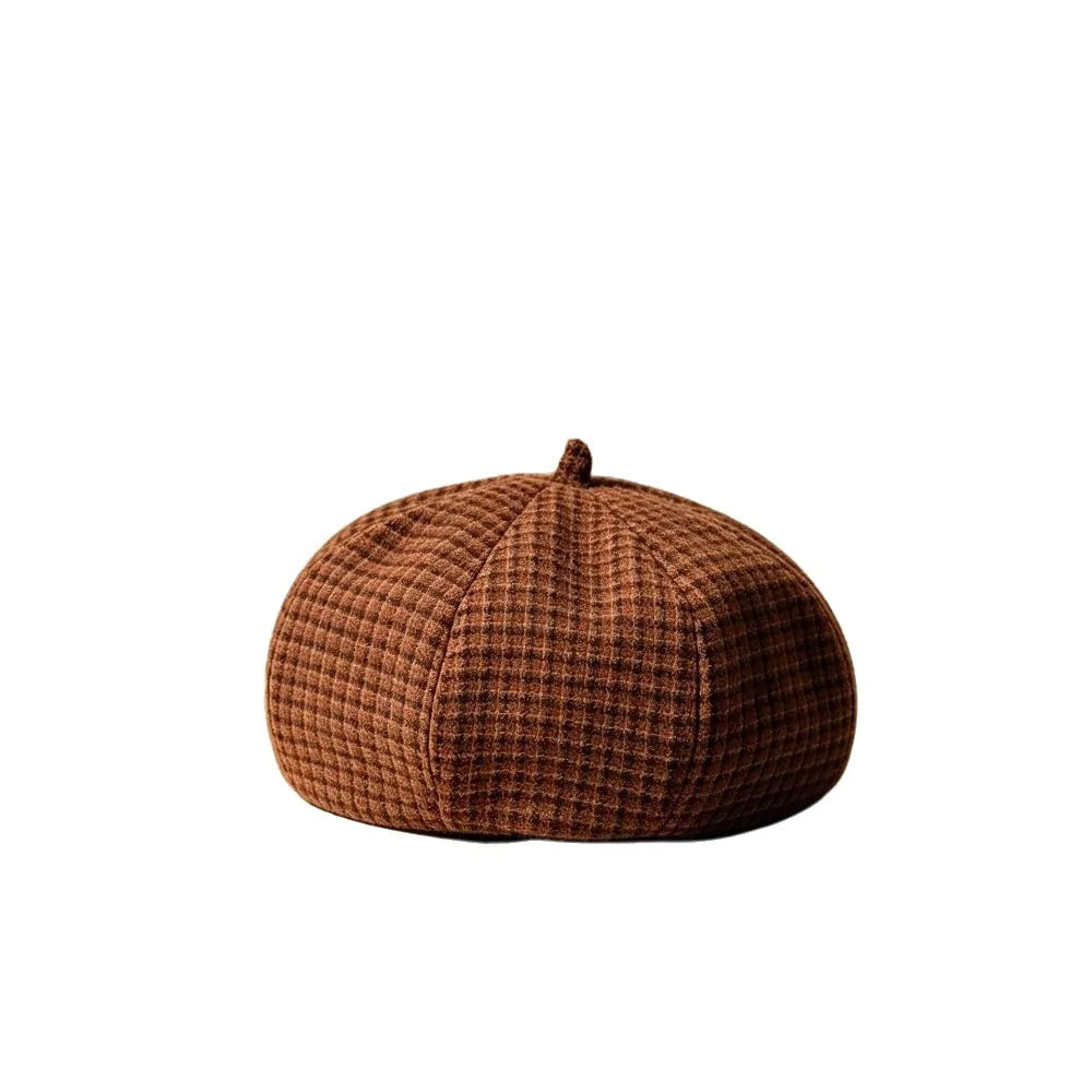 Women's Plaid Newsboy Beret Hat – Adjustable Japanese Style Newsboy Beret Hat PLUSH Brown