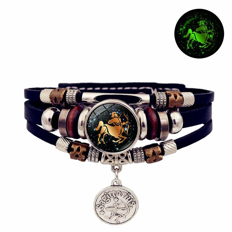 Luminous Zodiac Leather Bracelet – Glow in Dark | All 12 Signs Charm Bracelet PLUSH Sagittarius