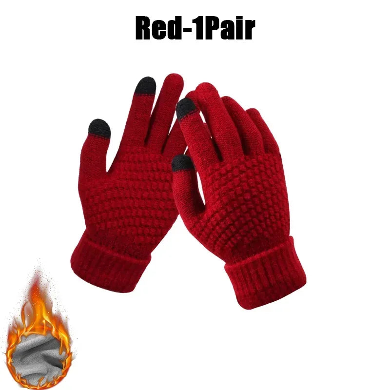 Winter Touch Screen Gloves – Warm Knit Mittens Unisex Winter Knit Gloves PLUSH Red-1Pair